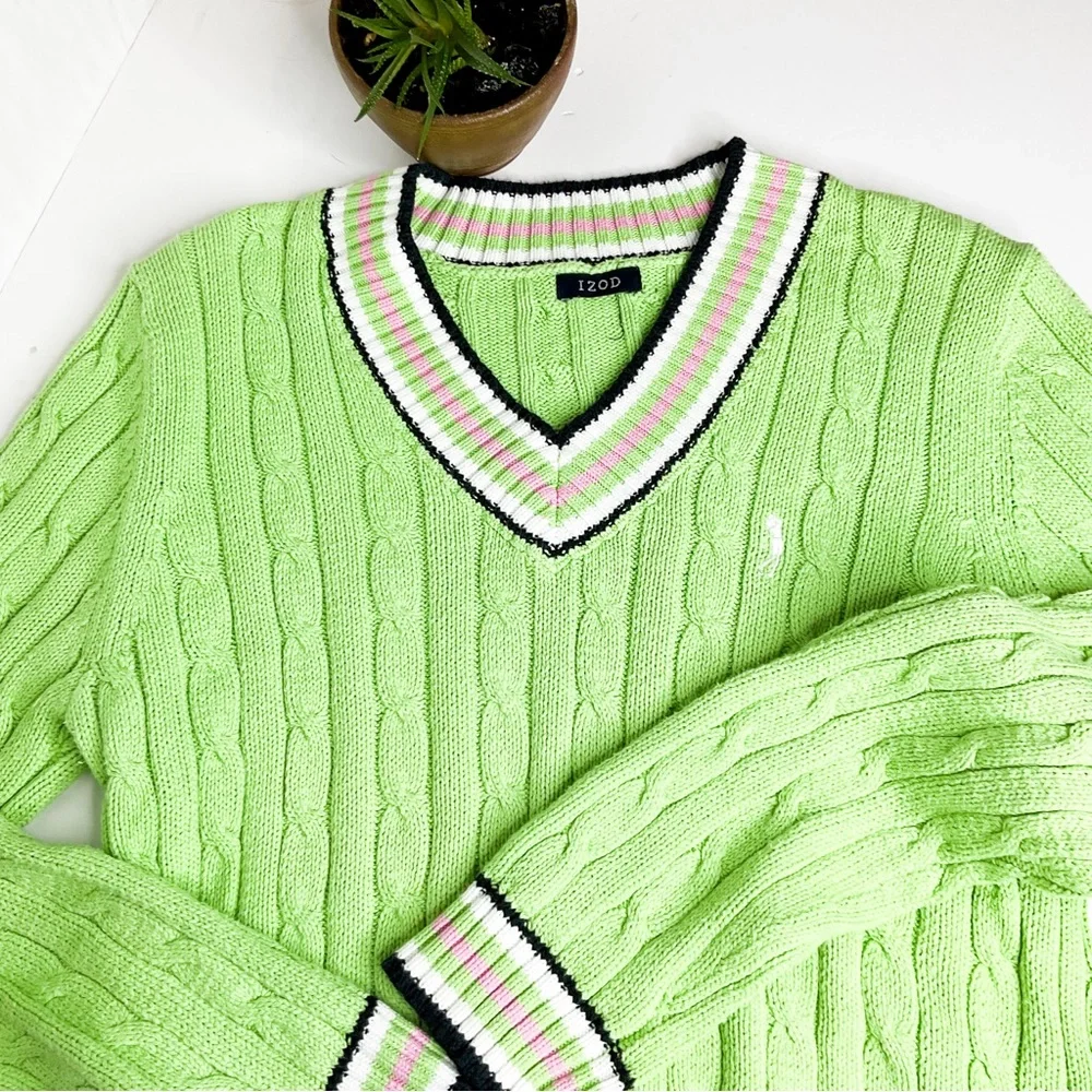 VINTAGE Preppy Lime Green Cable-Knit V-Neck Sweater with Striped Trim - Picture 3 of 11